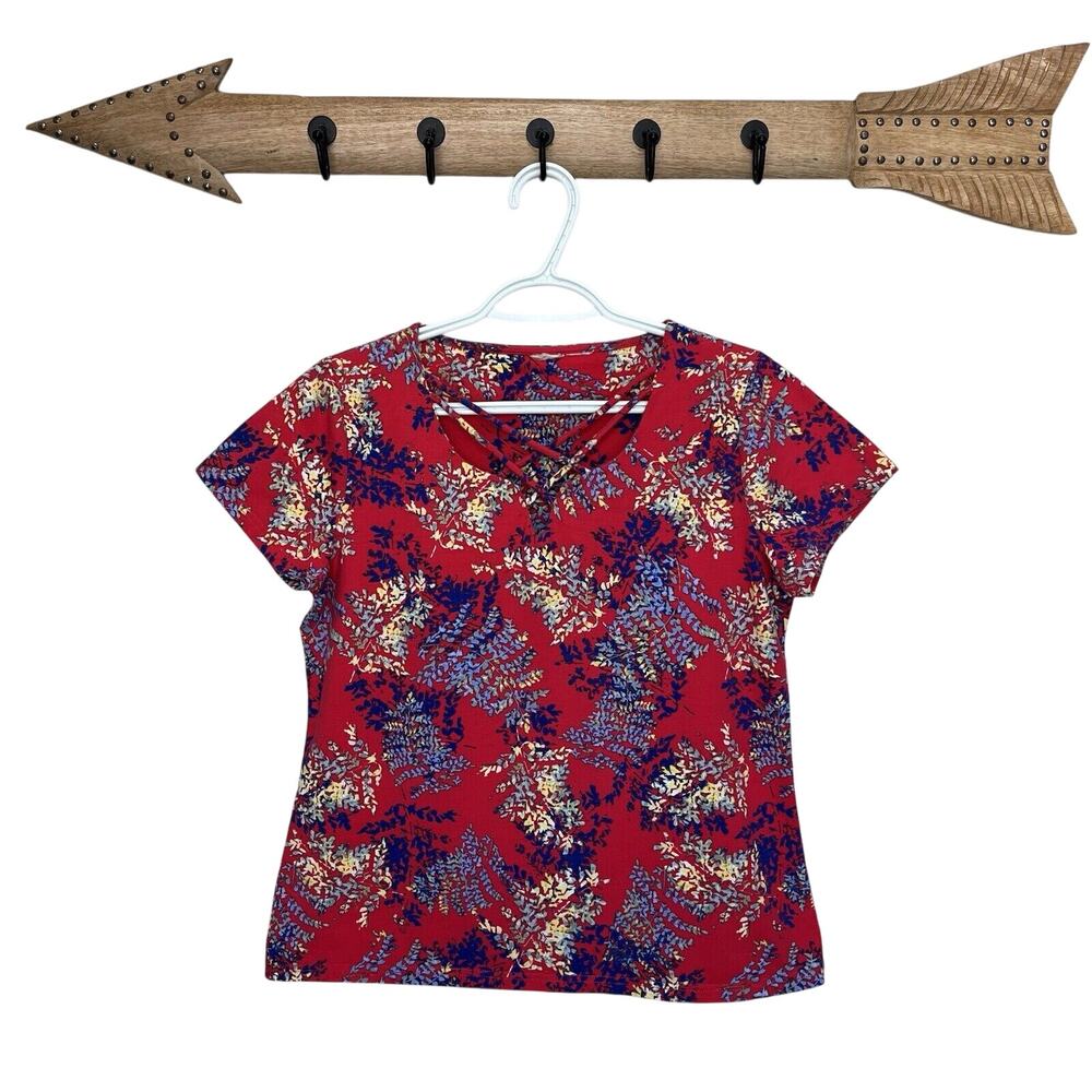 Caribbean Joe | Red & Blue Floral Short Sleeve Crisscross Top Size Medium